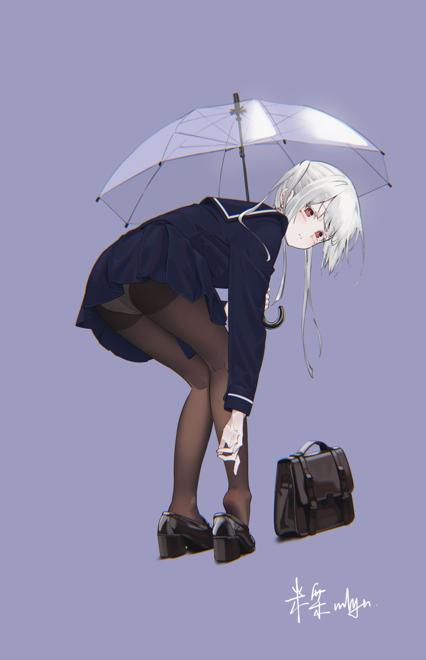 absurdres artist_name ass bag bent_over black_footwear black_pantyhose chun'ai_zhanshen_milili female full_body highres holding holding_umbrella long_hair long_sleeves looking_at_viewer looking_back original panties panties_under_pantyhose pantyhose parted_lips pleated_skirt red_eyes sailor_collar school_bag school_uniform signature simple_background skirt soles solo standing transparent transparent_umbrella twintails umbrella underwear white_hair