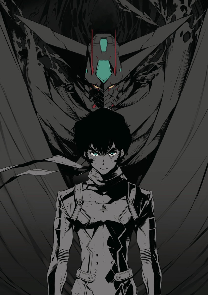 1boy cloak closed_mouth cover_image frown getter-1_(devolution) getter_robo getter_robo_devolution green_eyes greyscale hair_between_eyes highres looking_at_viewer male_focus mecha monochrome nagare_ryoma_(devolution) official_art robot scarf scratches shimoguchi_tomohiro solo spot_color torn torn_cloak torn_clothes yellow_eyes