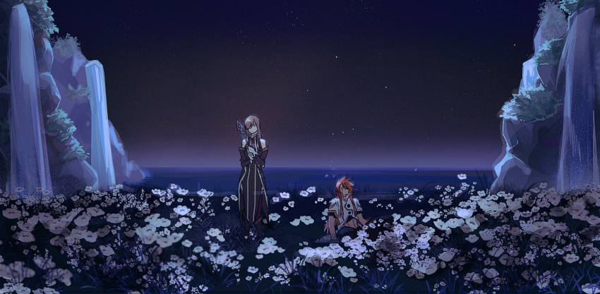 1boy bare_shoulders brown_hair detached_sleeves dress female field flower flower_field gloves hair_over_one_eye highres holding holding_weapon horizon long_hair luke_fon_fabre mountain night night_sky ocean outdoors red_hair sky sleeveless sleeveless_dress staff tales_of_(series) tales_of_the_abyss tear_grants weapon yacht_king