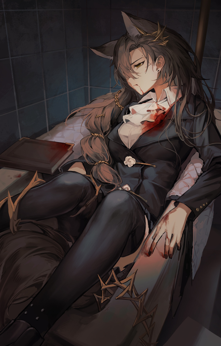 absurdres akechi_(826988799) animal_ears arknights ascot bed black_suit blood blood_on_chest blood_on_face blood_on_hands book braid breasts brown_hair chinese_commentary commentary_request empty_eyes expressionless extra_ears feet_out_of_frame female formal gold_trim hair_ornament highres long_hair looking_to_the_side lying medium_breasts mole mole_above_eye on_back on_bed penance_(arknights) solo suit white_ascot wolf_ears wolf_girl yellow_eyes