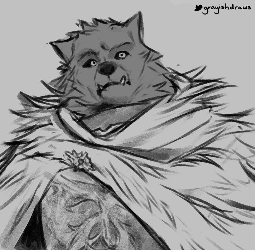 2022 anthro armor black_sclera blaidd_(elden_ring) canid canine canis cloak clothing conditional_dnp digital_media_(artwork) elden_ring fromsoftware fur grayish grey_body grey_fur greyscale half-length_portrait hi_res male mammal monochrome portrait signature solo teeth underbite wolf