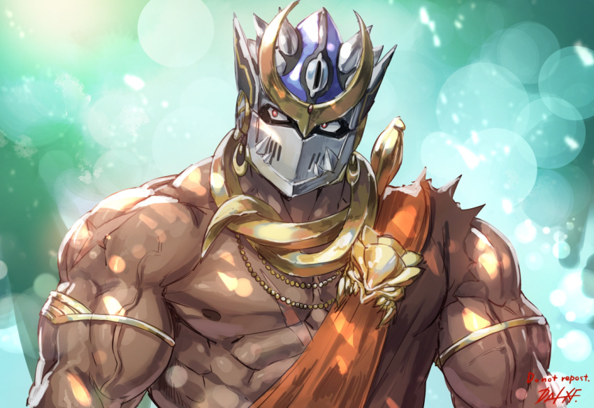 1boy abs armband artist_name bara bare_pectorals biceps close-up collar dai-xt dark-skinned_male dark_skin ear_piercing helmet jewelry large_pectorals looking_to_the_side male_focus mature_male muscular muscular_male necklace nipples orange_eyes pectorals piercing scar scar_on_arm scar_on_chest shiva_(housamo) solo thick_arms toga tokyo_afterschool_summoners torn_clothes upper_body veins veiny_arms