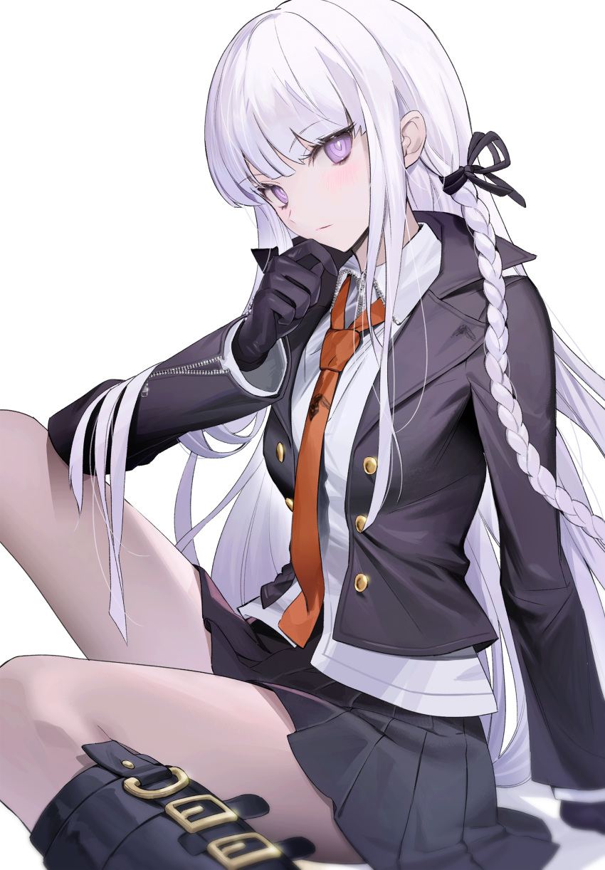 absurdres black_footwear black_gloves black_jacket black_ribbon black_skirt blunt_bangs boots braid buttons collared_shirt commentary_request danganronpa:_trigger_happy_havoc danganronpa_(series) feet_out_of_frame female finger_to_own_chin gloves hair_ribbon highres jacket kirigiri_kyoko knee_boots korean_commentary long_hair looking_at_viewer necktie purple_eyes purple_hair red_necktie ribbon seoji shirt side_braid sidelocks simple_background single_braid sitting skirt solo white_background white_shirt zipper