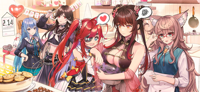 +_+ 5girls adjusting_eyewear ahoge animal_ears baking balloon belt blue_eyes blue_hair blue_serafuku bolo_tie bow bowl box braid breasts brown_hair calendar_(object) cat_ears chain_belt china_dress chinese_clothes chocolate chocolate_making choker cleavage collared_shirt cookie cooking_pot crop_top darwin_(dragirls) date_masamune_(dragirls) detached_sleeves double_bun dress drooling eating eyepatch flower food french_braid frilled_skirt frilled_sleeves frills frying_pan gift gift_box glasses green_eyes hair_bun hair_flower hair_ornament hair_ribbon hand_on_own_hip happy_valentine heart heart_balloon highres holding holding_bowl holding_paper holding_whisk indoors jing_ke_(dragirls) kettle kitchen large_breasts light_brown_hair long_hair long_sleeves looking_at_another midriff mixing_bowl multicolored_hair multiple_belts multiple_girls navel nene_(dragirls) official_art open_mouth orange_eyes over-rim_eyewear own_hands_together paper plate red-framed_eyewear red_eyes red_flower red_hair red_shawl reginleif_(dragirls) ribbon school_uniform semi-rimless_eyewear serafuku shawl shirt skirt sleeveless sleeveless_dress smile spoken_heart spoken_squiggle squiggle streaked_hair sweatdrop sweater_vest the_symphony_of_dragon_and_girls twintails two_side_up valentine very_long_hair whisk whisking white_hair white_shirt yellow_bow yokii