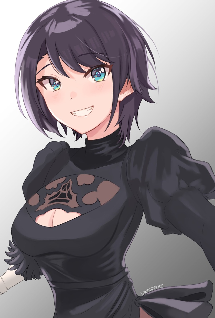 2b_(nier:automata) 2b_(nier:automata)_(cosplay) artist_name black_dress black_hair blue_eyes breasts cleavage cleavage_cutout clothing_cutout commentary cosplay dress feather-trimmed_sleeves female highres hololive juliet_sleeves lazycoffee_(wyen_iscordo) long_sleeves looking_at_viewer medium_breasts nier:automata nier_(series) no_blindfold oozora_subaru puffy_sleeves short_hair simple_background smile solo swept_bangs teeth virtual_youtuber