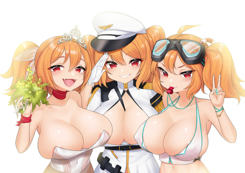 3girls ahoge areolae bad_id bad_pixiv_id between_breasts bikini breasts cerberus_(last_origin) choker cleavage fangs gloves goggles goggles_on_head hair_between_eyes hat highres huge_breasts kbn317 korean_commentary last_origin long_hair mole mole_under_eye multiple_girls multiple_persona official_alternate_costume open_mouth orange_hair peaked_cap red_eyes salute simple_background smile strap_between_breasts swimsuit tiara two_side_up v whistle white_background white_gloves