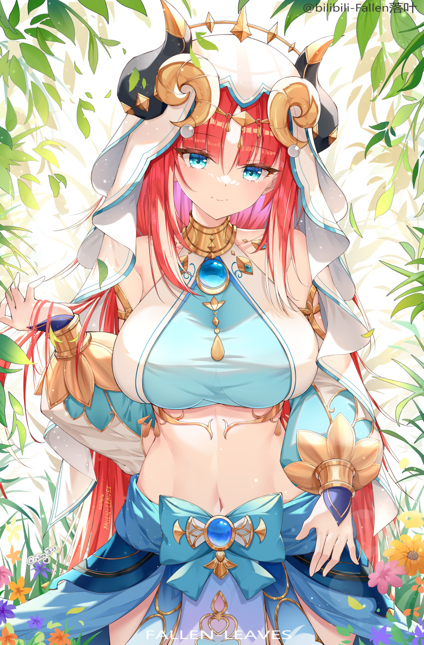 absurdres artist_name bare_shoulders blue_bow blue_eyes bow bracer breasts brooch chinese_commentary circlet closed_mouth commentary cowboy_shot crop_top detached_sleeves fake_horns fallen-leaves female genshin_impact gold_trim hand_up harem_outfit highres horns jewelry large_breasts leaf long_hair long_sleeves looking_at_viewer navel neck_ring nilou_(genshin_impact) outdoors parted_bangs pelvic_curtain puffy_long_sleeves puffy_sleeves red_hair shirt skirt smile solo stomach taut_clothes taut_shirt twitter_username veil vision_(genshin_impact) white_headwear