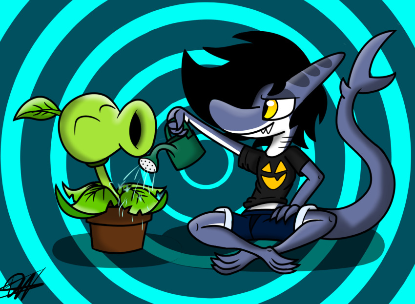 abstract_background anthro black_clothing black_shirt black_topwear claws clothing duo electronic_arts elemental_creature fish flora_fauna flower_pot humanoid male marine peashooter_(pvz) phalanx_b_deer plant plants_vs._zombies popcap_games requiem_shark shark shark_night shirt spiral_background tiger_shark topwear water watering_can