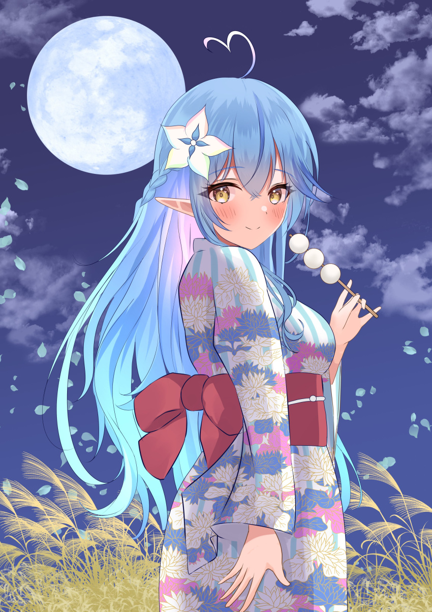 absurdres ahoge blue_hair braid colored_tips commentary_request dango elf female floral_print flower food full_moon hair_between_eyes hair_flower hair_ornament half_updo heart heart_ahoge highres holding hololive japanese_clothes kimono long_hair looking_at_viewer looking_back moon multicolored_hair night night_sky obi onabe_no_shime pointy_ears sash side_braid sky solo streaked_hair very_long_hair virtual_youtuber wagashi white_flower yellow_eyes yukata yukihana_lamy yukihana_lamy_(new_year)