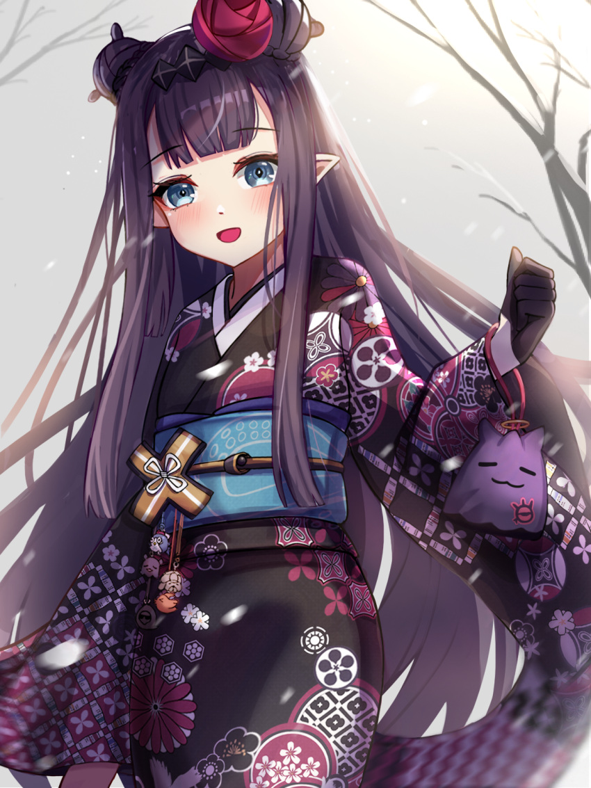 bare_tree black_gloves black_kimono blue_eyes blunt_bangs blush braid braided_bun day double_bun female flower gloves hair_bun hair_flower hair_ornament highres hololive hololive_english japanese_clothes kimono long_hair looking_at_viewer mikaso_(micylu0117) ninomae_ina'nis ninomae_ina'nis_(new_year) obi official_alternate_hairstyle open_mouth pointy_ears purple_hair red_flower sash sidelocks single_hair_bun smile snowing solo takodachi_(ninomae_ina'nis) tree very_long_hair virtual_youtuber winter