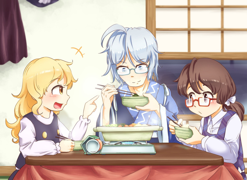 +++ 1boy 2girls ahoge arm_up black_vest blonde_hair blue_eyes blue_hair bowl brown_eyes brown_hair calcmis_gowa chopsticks commentary_request eating fogged_glasses from_side glasses grill hat highres holding holding_bowl holding_chopsticks indoors japanese_clothes kirisame_marisa kotatsu long_hair long_sleeves looking_at_another looking_down low_twintails morichika_rinnosuke multiple_girls nabe plaid plaid_vest pointing red-framed_eyewear semi-rimless_eyewear shirt short_hair smile table touhou twintails under-rim_eyewear under_kotatsu under_the_table unworn_cape unworn_hat unworn_headwear usami_sumireko vest white_shirt window yellow_eyes