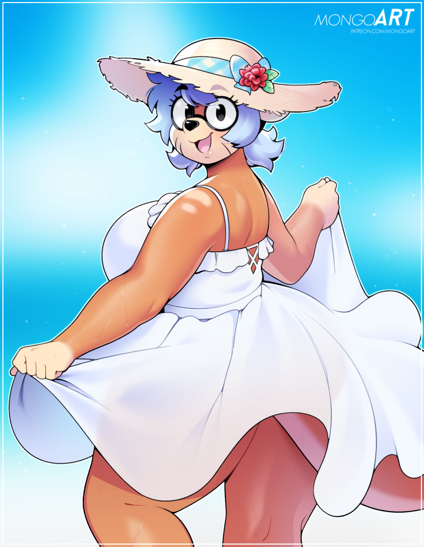 anthro big_breasts blue_hair breasts chromapan clothed clothing clothing_lift dress dress_lift eyewear female glasses hair hat headgear headwear hi_res looking_back mammal mature_anthro mature_female mustelid otter solo sun_hat sundress sunglasses