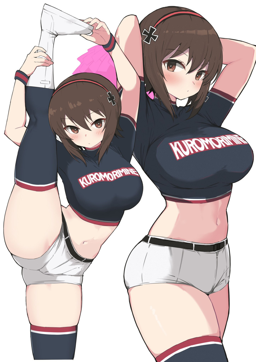 alternate_costume breasts brown_eyes brown_hair cheerleader crop_top female flexible girls_und_panzer girls_und_panzer_senshadou_daisakusen! hair_between_eyes hairband highres kuromorimine_cheerleader_uniform large_breasts maltese_cross midriff multiple_views navel nishizumi_maho official_alternate_costume pom_pom_(cheerleading) short_hair short_shorts shorts simple_background split standing standing_on_one_leg standing_split thick_thighs thighhighs thighs white_background white_shorts yabai_gorilla