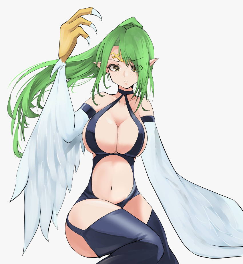 absurdres bare_shoulders blush breasts circlet claws cleavage commentary_request duel_monster eyes_visible_through_hair feathered_wings feathers female green_hair hair_over_one_eye harpie_queen harpy highres large_breasts long_hair looking_at_viewer monster_girl navel pointy_ears ponytail revealing_clothes simple_background solo thighhighs tiara white_background white_feathers white_wings winged_arms wings yagoro_kusuriya yellow_eyes yu-gi-oh!