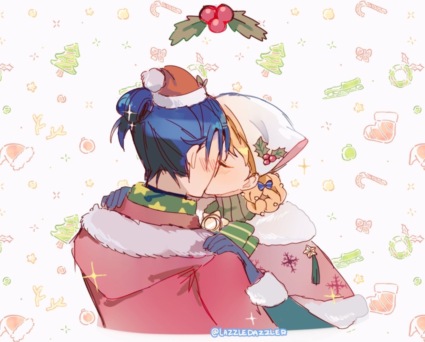 1boy annette_fantine_dominic annette_fantine_dominic_(winter) antlers blush christmas_tree felix_hugo_fraldarius felix_hugo_fraldarius_(winter) female fire_emblem fire_emblem:_three_houses fire_emblem_heroes fire_emblem_warriors:_three_hopes fur_trim hat holly horns kissing official_alternate_costume official_alternate_hairstyle pomme_(lazzledazzle) reindeer_antlers ribbon santa_costume santa_hat straight