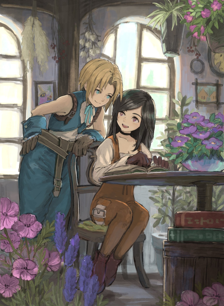 1boy book book_stack boots drawing_(object) female final_fantasy final_fantasy_ix flower garnet_til_alexandros_xvii gloves highres looking_at_another plant portrait_(object) sitting smile soraoyogusakana table zidane_tribal