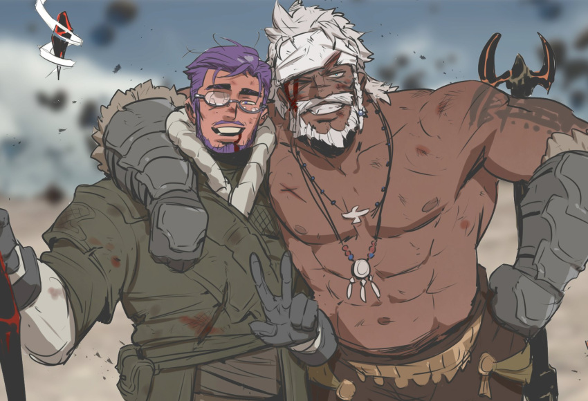 2boys abs arm_around_shoulder bara beard blood blood_on_face braid broken_eyewear bruise character_request dark-skinned_male dark_skin facial_hair facial_mark final_fantasy final_fantasy_xiv gauntlets glasses grin headband highres hyur injury jewelry large_pectorals lyon_rem_helsos male_focus mature_male moustache multiple_boys muscular muscular_male necklace nipples old old_man pectorals purple_hair scar scar_on_face scar_on_nose short_hair side_braid single_braid smile stomach tooth_necklace topless_male tribal upper_body v white_headband wkokbu