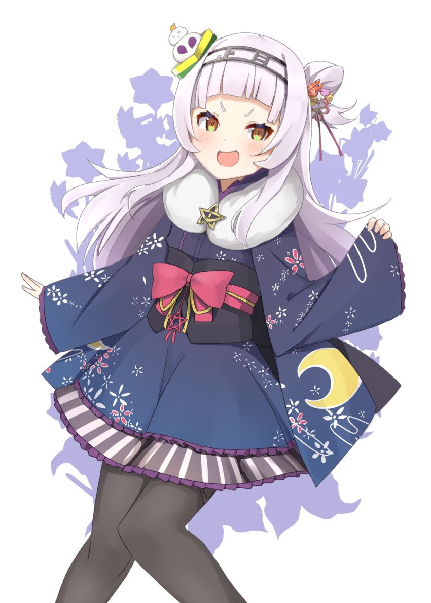 :d arched_bangs black_pantyhose blush crescent_print female fur-trimmed_kimono fur_scarf fur_trim grey_hair hair_bun hair_ornament hairband highres hololive imosato_(imosato555) japanese_clothes kagami_mochi kimono kimono_skirt long_hair long_sleeves mochi_hair_ornament murasaki_shion murasaki_shion_(new_year) obi obijime official_alternate_costume open_mouth pantyhose sash shirt short_eyebrows sidelocks single_side_bun smile solo tsurime v-shaped_eyebrows virtual_youtuber white_shirt yellow_eyes