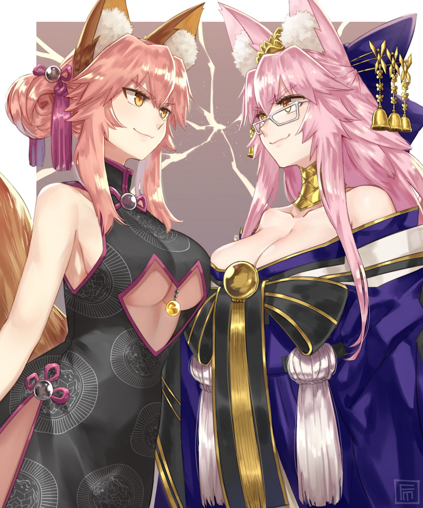 2girls absurdres animal_ear_fluff animal_ears bare_shoulders bell blue_bow blue_kimono border bow breasts center_opening china_dress chinese_clothes cleavage closed_mouth commentary cosplay costume_switch double_bun dress fate/extra fate/grand_order fate_(series) fox_ears fox_girl fox_tail fumato glasses grey_background hair_bun hairbow highres japanese_clothes jewelry kimono koyanskaya_(chinese_lostbelt_outfit)_(fate) koyanskaya_(fate) koyanskaya_(fate)_(cosplay) large_breasts long_hair long_sleeves looking_at_another multiple_girls neck_ring off_shoulder official_alternate_costume pink_hair shiny side_slit sidelocks smile sparks tail tamamo_(fate) tamamo_no_mae_(fate/extra) tamamo_no_mae_(fate/extra)_(cosplay) tamamo_no_mae_(third_ascension)_(fate) tamamo_no_mae_(third_ascension)_(fate)_(cosplay) tassel underboob white-framed_eyewear white_border yellow_eyes