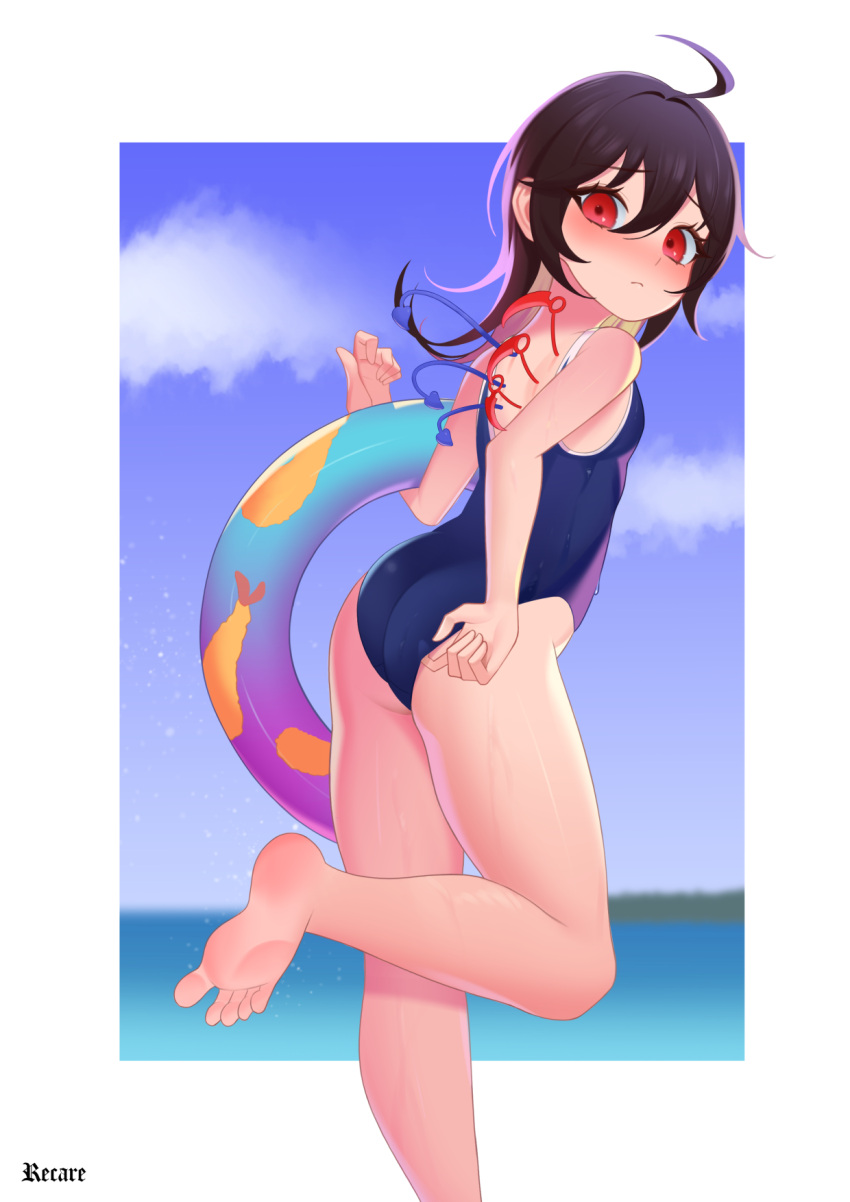 adjusting_clothes adjusting_swimsuit ahoge alternate_costume ass asymmetrical_wings barefoot black_hair blue_one-piece_swimsuit blue_sky blue_wings blurry blurry_background blush border breasts closed_mouth cloud commission feet female food food_print foot_out_of_frame hair_between_eyes highres houjuu_nue innertube leg_up long_hair looking_at_viewer looking_back mini_wings ocean one-piece_swimsuit outside_border recare red_eyes red_wings signature sky small_breasts soles solo swim_ring swimsuit tempura touhou water white_border wings