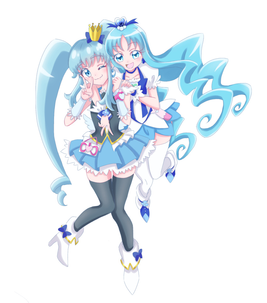 2girls black_thighhighs black_vest blue_bow blue_choker blue_eyes blue_hair blush boots bow brooch choker collarbone color_connection crown crown_bow cure_marine cure_princess full_body gold_crown hair_bun hair_color_connection hair_ornament happinesscharge_precure! heart heart_brooch heart_hair_bun heartcatch_precure! highres in-franchise_crossover jewelry kurumi_erika long_hair magical_girl mini_crown multiple_girls one_eye_closed open_mouth pointed_crown precure shampoo-1827 shirayuki_hime simple_background smile thighhighs trait_connection twintails v vest wavy_hair white_background white_thighhighs wide_ponytail wing_brooch wing_earrings