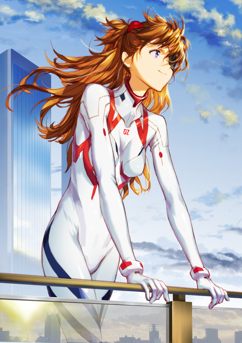 absurdres against_railing blue_eyes blue_sky bodysuit breasts cloud commentary_request evangelion:_3.0+1.0_thrice_upon_a_time eyepatch female from_side highres interface_headset kiyohisa long_hair medium_breasts multicolored_bodysuit multicolored_clothes neon_genesis_evangelion outdoors pilot_suit plugsuit railing rebuild_of_evangelion red_bodysuit red_hair sky smile solo souryuu_asuka_langley white_bodysuit