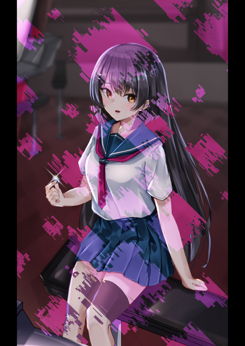 alexia_(visual_novel) black_hair blue_skirt breasts feet_out_of_frame female glint glitch highres long_hair looking_at_viewer medium_breasts miniskirt necktie red_necktie sarasadou_dan school_uniform serafuku shinonome_hotaru sitting skirt solo straight_hair very_long_hair yellow_eyes