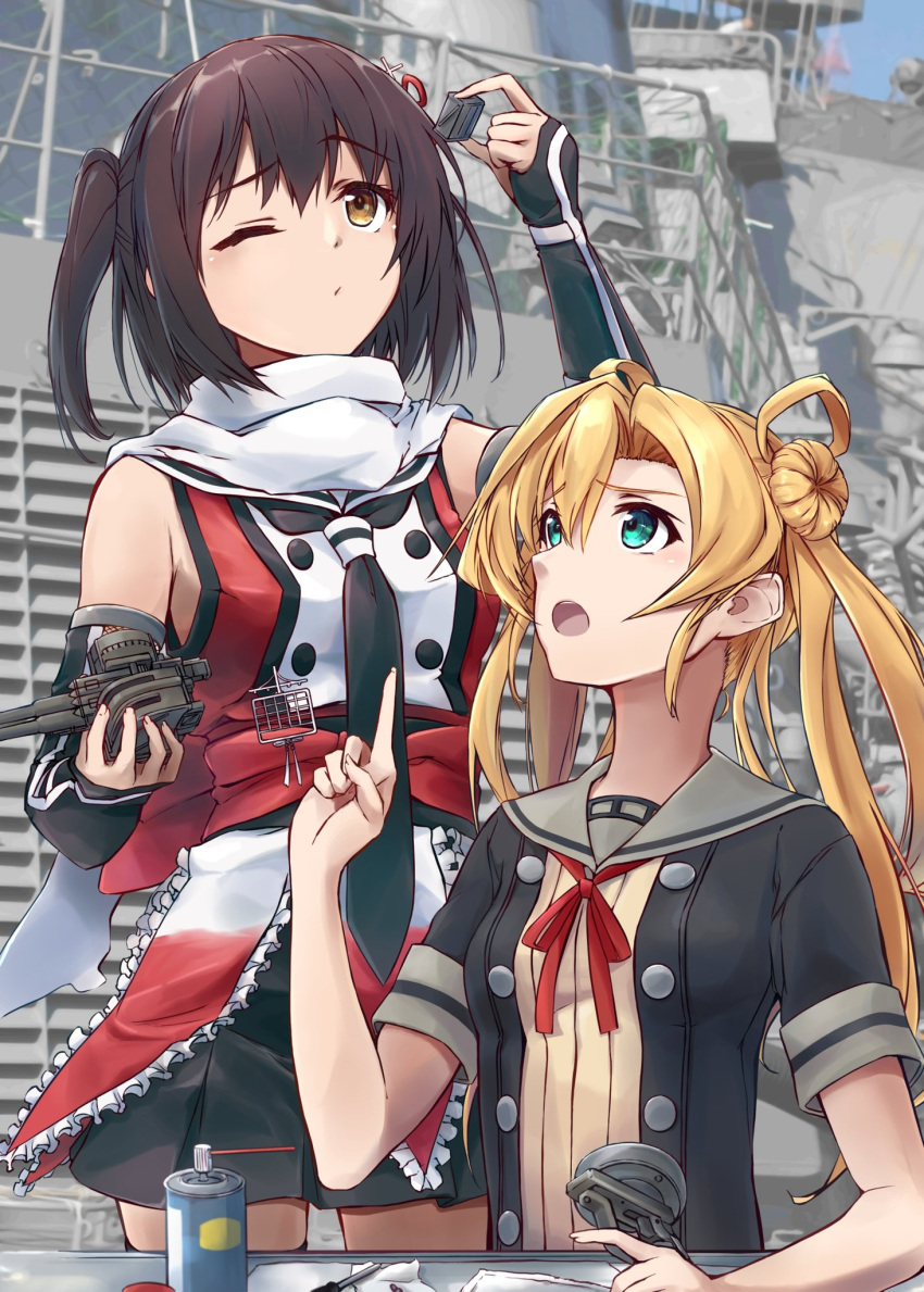 2girls abukuma_(kancolle) abukuma_kai_ni_(kancolle) black_gloves black_hair black_jacket black_skirt blonde_hair blue_eyes brown_eyes commentary cowboy_shot double_bun elbow_gloves fingerless_gloves gloves grey_sailor_collar hair_between_eyes hair_bun hair_rings highres jacket kantai_collection long_hair minosu multiple_girls neck_ribbon orange_shirt photo_background red_ribbon ribbon sailor_collar scarf school_uniform sendai_(kancolle) sendai_kai_ni_(kancolle) serafuku shirt short_sleeves simple_background skirt sleeveless sleeveless_shirt spray_can standing two_side_up upper_body wd-40 white_background white_scarf