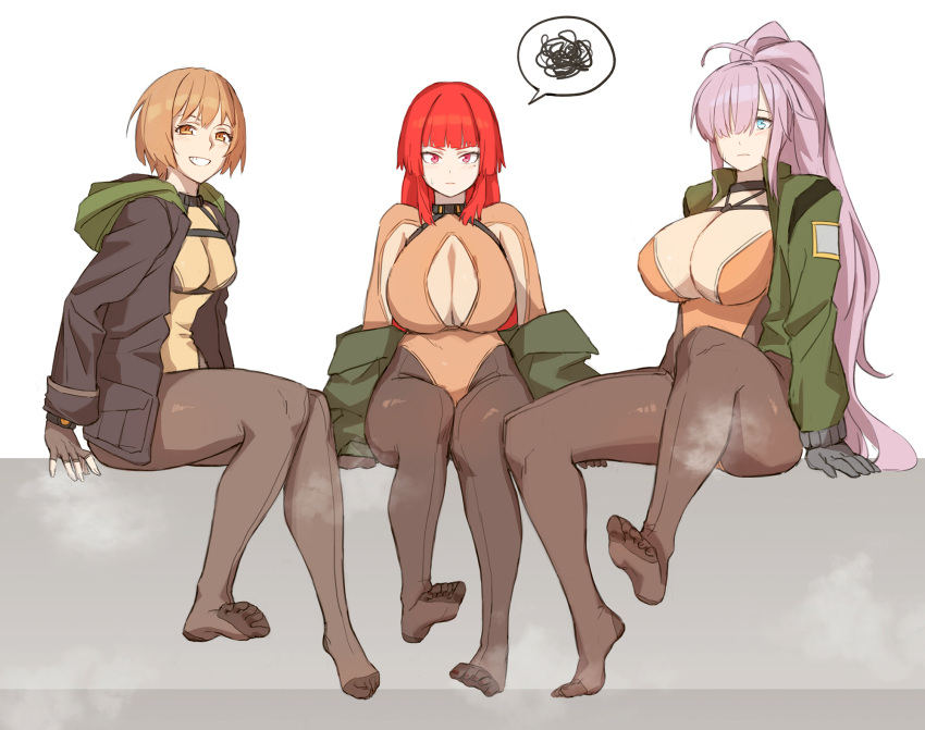 10million 3girls blue_eyes breast_strap breasts brown_eyes brown_hair brown_legwear brownie_(last_origin) cleavage feet fingerless_gloves foot_focus full_body gloves gnome_(last_origin) grey_hair grin hair_over_one_eye highleg highleg_leotard highres hime_cut jacket korean_commentary last_origin leotard leprechaun_(last_origin) long_hair mole mole_under_eye multiple_girls pantyhose ponytail red_eyes red_hair short_hair sitting smell smile spoken_squiggle squiggle