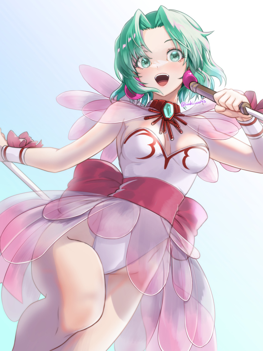 :d armpits back_bow bare_arms bare_legs blue_background bow breasts choker cowboy_shot curtained_hair dagger dancer dot_nose dual_wielding earrings ellis_(toushinden) female green_eyes green_hair highres holding holding_dagger holding_knife holding_weapon ivuki jewelry knife leotard looking_at_viewer medium_breasts open_mouth parted_bangs pink_bow red_choker reverse_grip see-through short_hair simple_background smile solo standing standing_on_one_leg thighs toushinden twitter_username weapon white_leotard white_wrist_cuffs wrist_bow wrist_cuffs