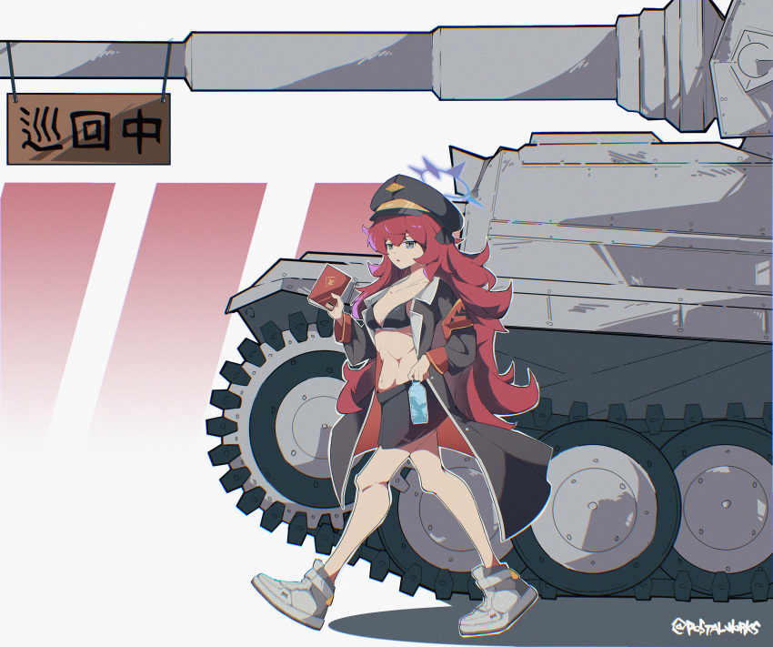 abs armband black_bra black_jacket blue_archive bottle bra commentary english_commentary female grey_eyes halo hat highres holding holding_bottle iroha_(blue_archive) jacket long_hair long_sleeves military military_uniform military_vehicle motor_vehicle peaked_cap postalworks red_hair tank translation_request twitter_username underwear uniform water_bottle wavy_hair