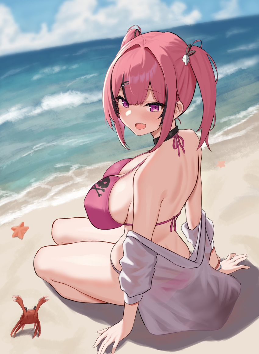 beach bikini black_hair blue_sky blush breasts crab day female from_behind goddess_of_victory:_nikke hair_ornament halterneck highres jacket looking_at_viewer mast_(a_pirate's_heart)_(nikke) mast_(nikke) multicolored_hair ocean oerba_yun_fang off_shoulder open_mouth outdoors pink_bikini pink_eyes red_hair sitting skin_fang skull_hair_ornament skull_print sky smile solo starfish streaked_hair string_bikini swimsuit white_jacket xi_oshir1