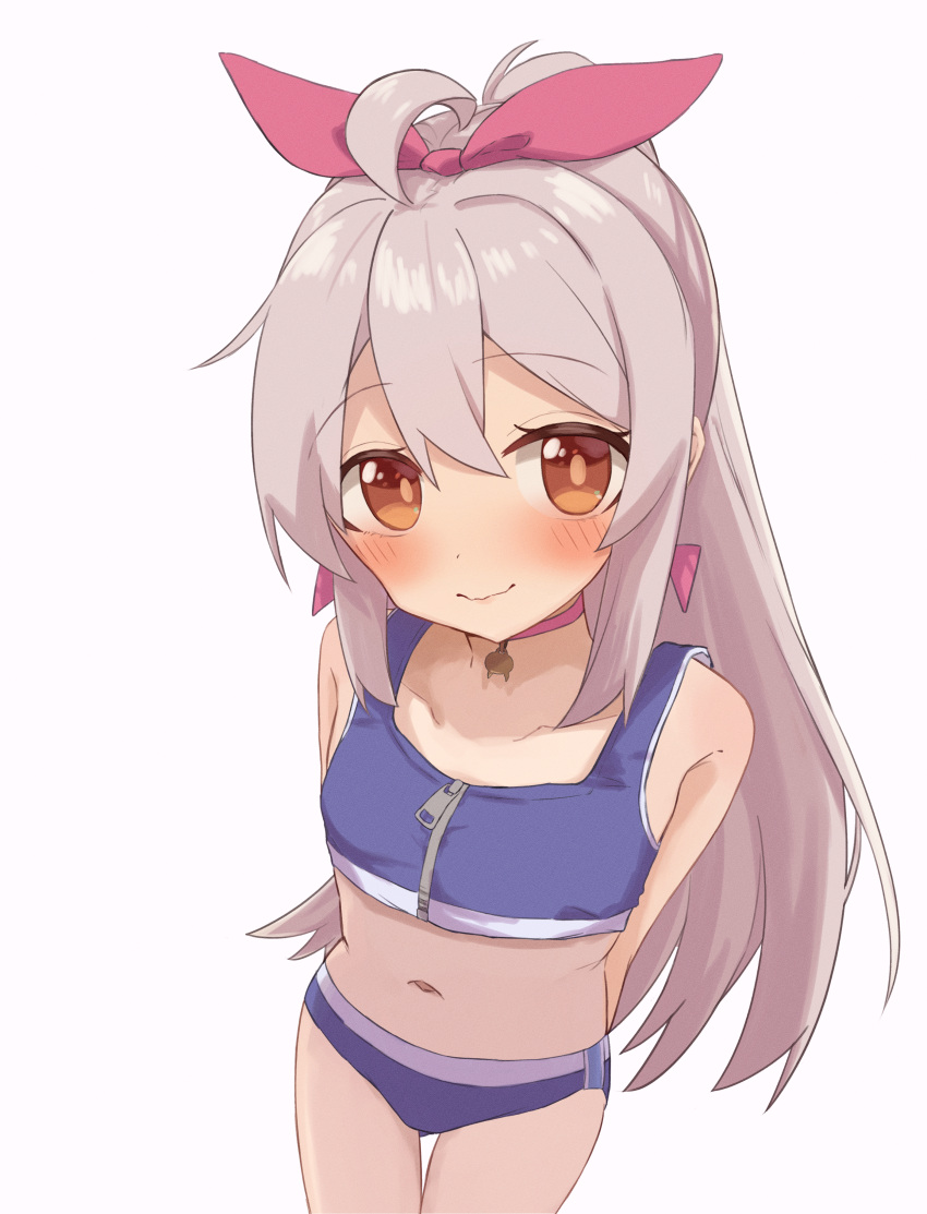 absurdres ahoge arms_behind_back bare_arms bare_shoulders bikini blue_bikini blush brown_eyes choker collarbone commentary earrings female grey_hair hair_between_eyes hair_ribbon highres jewelry long_hair looking_at_viewer navel nekomotowata onii-chan_wa_oshimai! oyama_mahiro pink_choker red_ribbon ribbon simple_background smile solo stomach swimsuit thigh_gap wavy_mouth white_background zipper zipper_pull_tab