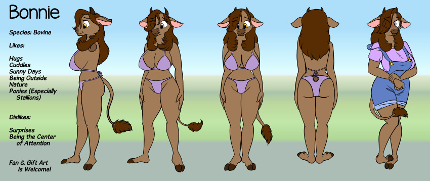 absurd_res anthro arrjaysketch avoid_posting back-tie_bikini back-tie_clothing back-tie_swimwear big_breasts bikini bikini_bottom bikini_top blush bovid bovine breasts cattle clothing conditional_dnp english_text female hi_res mammal midriff model_sheet navel overalls purple_bikini_bottom purple_bikini_top purple_clothing purple_swimwear shirt solo swimwear t-shirt text topwear