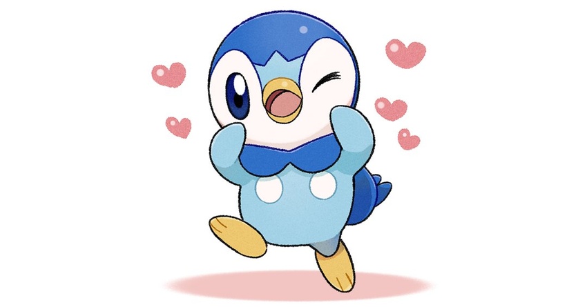 ;d blue_eyes commentary_request heart leg_up looking_at_viewer no_humans official_art one_eye_closed open_mouth piplup pokemon pokemon_(creature) project_pochama smile solo standing standing_on_one_leg toes tongue white_background