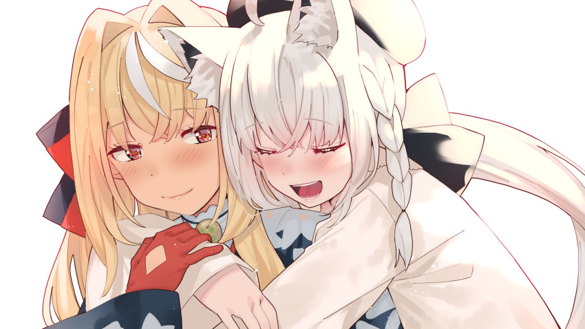 2girls absurdres ahoge animal_ear_fluff animal_ears beret blonde_hair blue_kimono blush bow braid closed_eyes closed_mouth commentary dress eyelashes fox_ears gloves hair_between_eyes hairbow hand_on_another's_arm hat highres hololive hug hug_from_behind japanese_clothes kimono lips long_hair looking_at_another looking_back multicolored_hair multiple_girls official_alternate_costume open_mouth ponytail red_eyes red_gloves shirakami_fubuki shirakami_fubuki_(street) shiranui_flare shiranui_flare_(new_year) side_braid simple_background streaked_hair tonarikeru two-tone_hair upper_body virtual_youtuber white_background white_dress white_hair white_headwear yuri