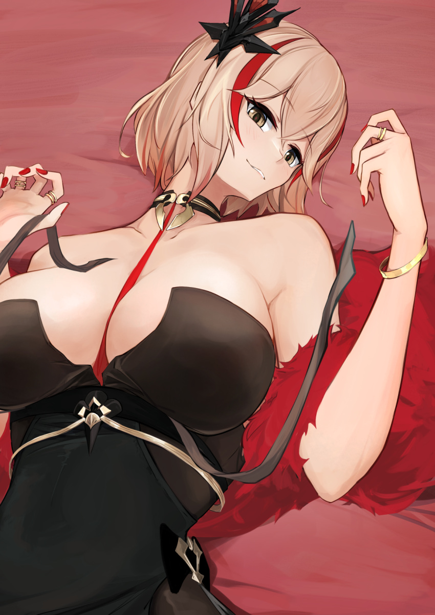 azur_lane bare_shoulders bed_sheet black_choker black_dress blonde_hair bracelet breasts brown_eyes choker cleavage collarbone commentary cowboy_shot dress evening_gown feather_boa female hair_between_eyes hair_ornament halter_dress halterneck hand_up highres jewelry large_breasts looking_at_viewer lying marshall_k multicolored_hair official_alternate_costume on_back parted_lips red_hair red_nails ring roon_(azur_lane) roon_(viridescent_lullaby)_(azur_lane) shadow short_hair sidelocks smile solo streaked_hair two-tone_hair