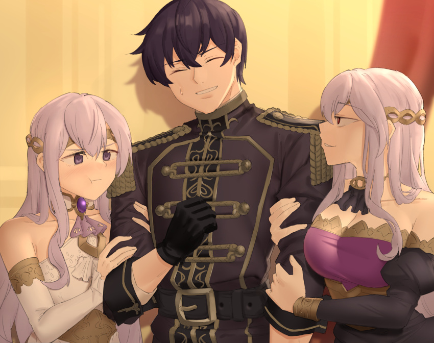 1boy 2girls angry arm_grab arm_hug black_coat black_dress black_eyes black_gloves black_hair breasts choker cleavage closed_eyes coat double_arm_hug dress ebinku english_commentary fire_emblem fire_emblem:_genealogy_of_the_holy_war fire_emblem_heroes frilled_choker frills girl_sandwich gloves gold_trim highres julia_(fire_emblem) large_breasts multiple_girls pout puffy_cheeks purple_dress sandwiched scathach_(fire_emblem) smile sweatdrop two-tone_dress white_dress white_hair