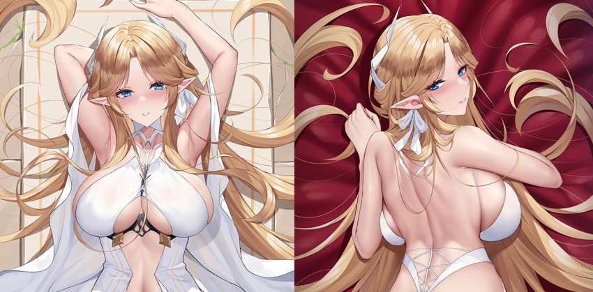 arm_behind_head arm_up armpits azur_lane back bed_sheet blonde_hair blue_eyes breasts brest_(azur_lane) dress female feng_mouren hair_ribbon large_breasts long_hair lying on_back pointy_ears red_sheet ribbon sideboob underboob upper_body white_dress white_ribbon