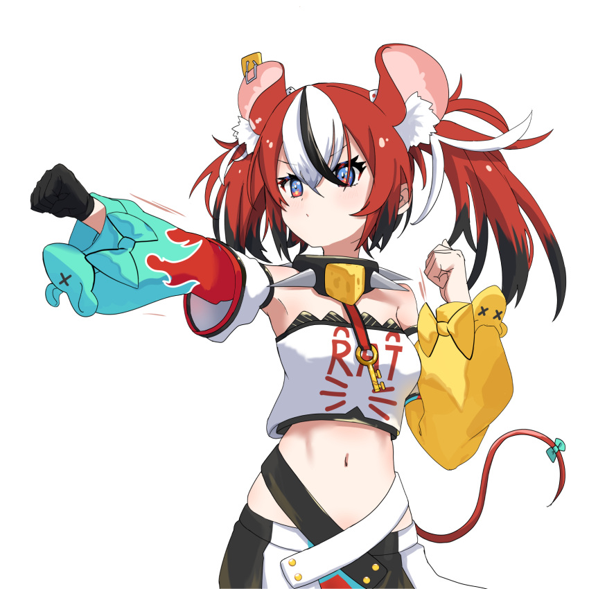 animal_ears bare_shoulders black_gloves closed_mouth collar crop_top dice_hair_ornament female fighting_stance gloves hair_ornament hakos_baelz hakos_baelz_(1st_costume) highres hololive hololive_english inapple midriff mouse_ears mouse_girl mouse_tail shirt single_glove solo spiked_collar spikes strapless strapless_shirt tail umamusume umapyoi_densetsu virtual_youtuber