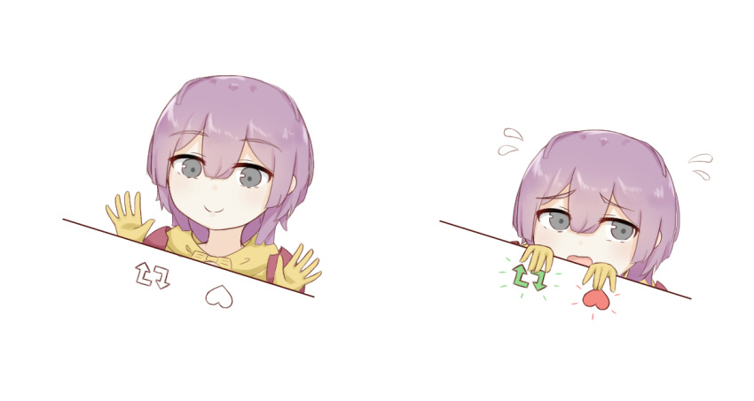 bernadetta_von_varley bongo_cat chirun0 eyebrows female fire_emblem fire_emblem:_three_houses flying_sweatdrops gloves grey_eyes like_and_retweet meme multiple_views nervous purple_hair short_hair simple_background smile twitter white_background yellow_gloves