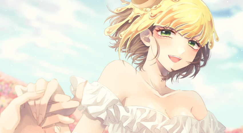 :d bare_shoulders blonde_hair blue_sky blurry blurry_background blush breasts brown_hair cleavage cloud cloudy_sky female field flower flower_field frilled_shirt frills green_eyes highres holding_hands kimi_ga_shine looking_at_viewer maple_(kimi_ga_shine) off-shoulder_shirt off_shoulder open_mouth portrait shirt short_hair short_sleeves sky smile solo_focus syrup teeth uououoon upper_teeth_only white_shirt