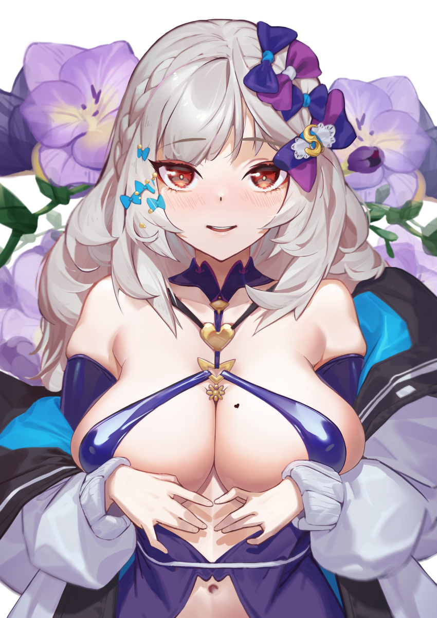 absurdres bare_shoulders blush bow breasts cleavage collarbone detached_sleeves dress female flower grey_hair hairbow highres large_breasts long_hair looking_at_viewer navel nox13 original red_eyes smile upper_body