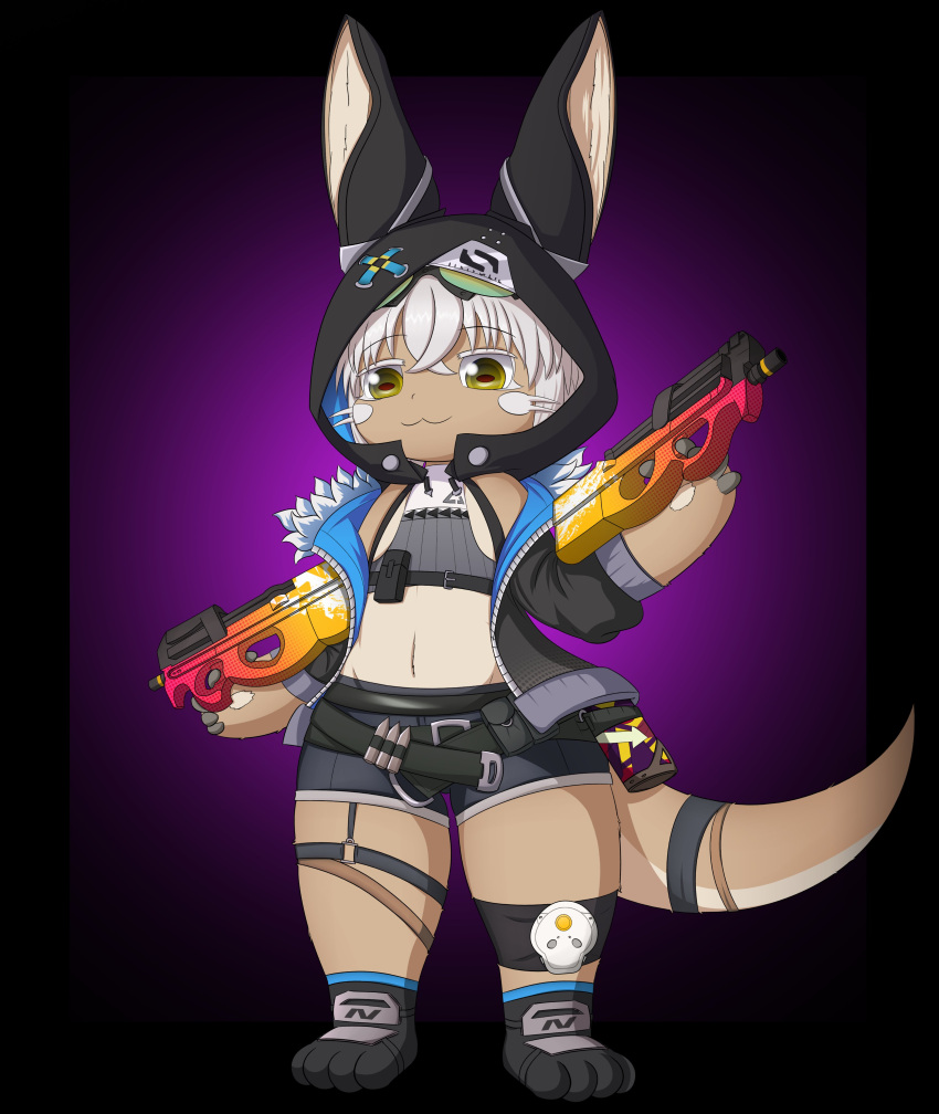 1other :3 absurdres androgynous animal_ears bronya_zaychik bronya_zaychik_(cosplay) bronya_zaychik_(haxxor_bunny) brown_fur bullet bullpup cosplay full_body furry gradient_background gun highres holding holding_gun holding_weapon honkai_(series) honkai_impact_3rd hood horizontal_pupils made_in_abyss midriff nanachi_(made_in_abyss) other_focus p90 rabbit_ears shorts smugbuns standing submachine_gun tail weapon whiskers white_hair yellow_eyes