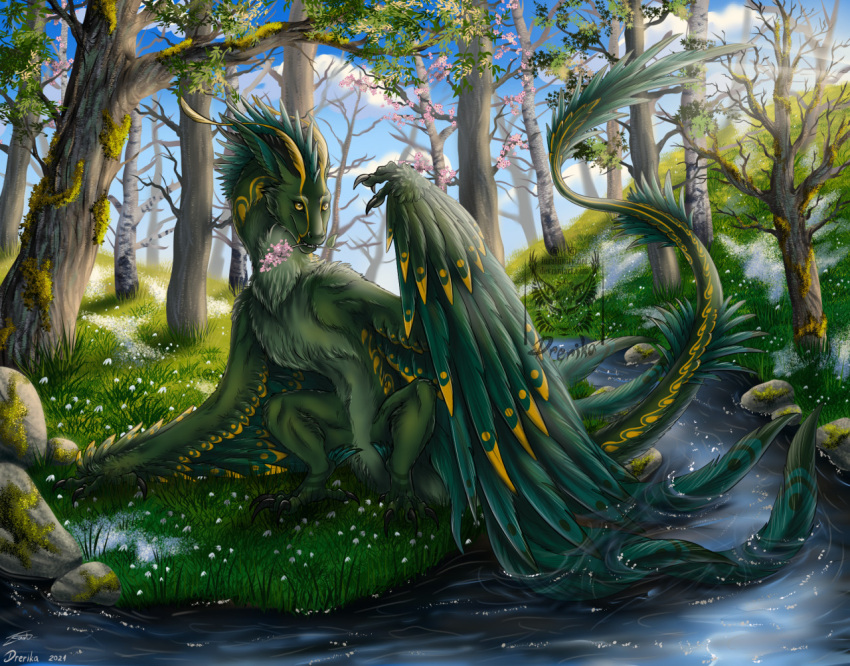 2021 ambiguous_gender claws day detailed_background digital_media_(artwork) dragon drerika european_mythology feathered_dragon feathered_scalie feathered_wings feathers feral forest fur furred_dragon furred_scalie grass horn mythological_creature mythological_scalie mythology outside plant scalie sky solo tail tree water western_dragon wings wyvern