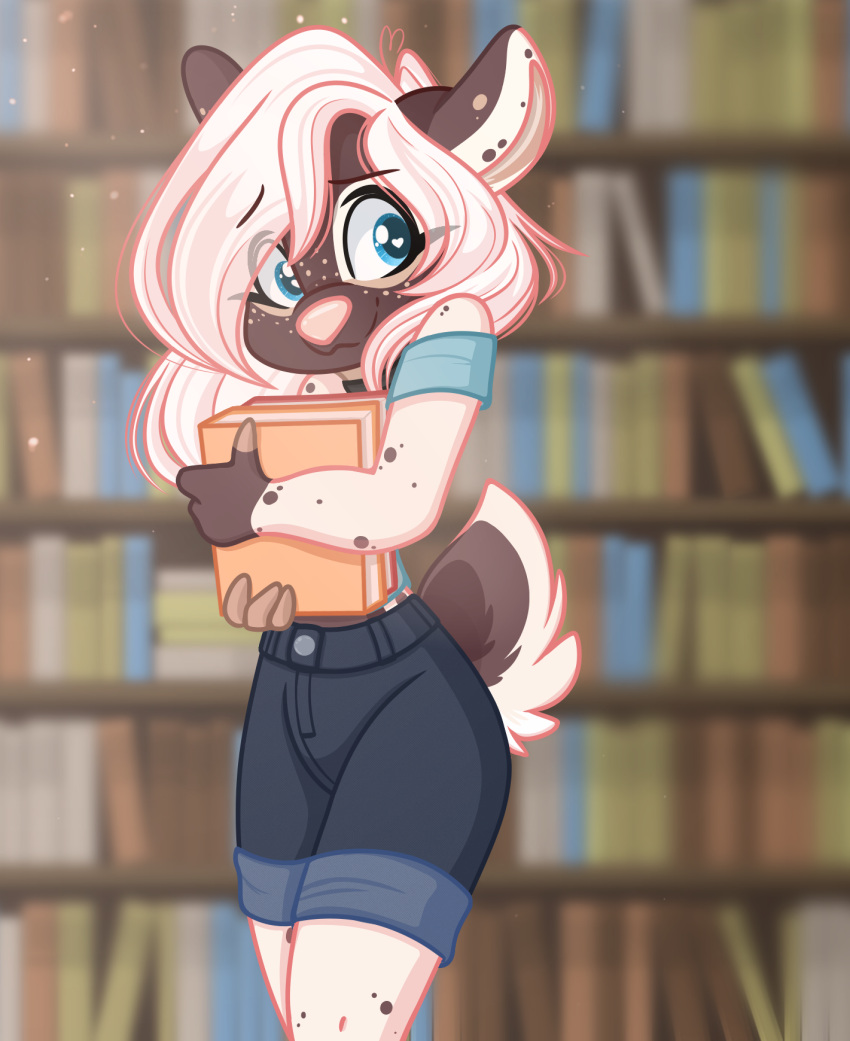 anthro blue_eyes book bottomwear clothing deer emberslament female hair heart_eyes heart_symbol hi_res holding_book holding_object library mammal pink_hair shorts smile