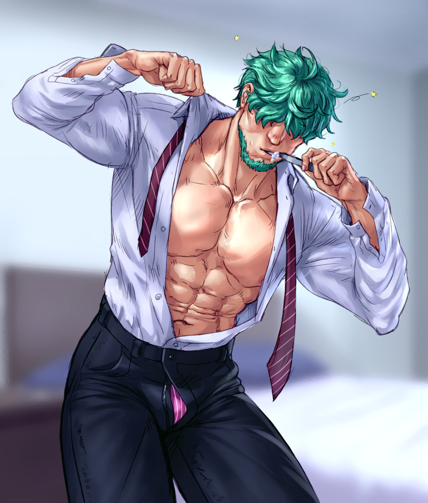 1boy abs aqua_hair bara black_pants brushing_teeth carless_(ppanic) collared_shirt commission covered_eyes facial_hair fire_emblem fire_emblem:_the_blazing_blade fire_emblem_cipher hair_over_eyes highres holding holding_toothbrush large_pectorals lowen_(fire_emblem) male_focus male_underwear male_underwear_peek muscular muscular_male navel necktie nipples open_clothes open_shirt pants pectorals shirt short_hair solo toothbrush underwear undone_necktie white_shirt