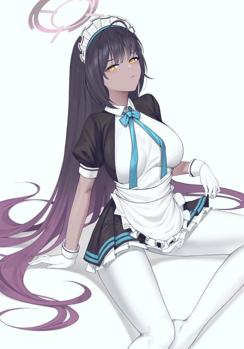 apron black_dress black_hair blue_archive blue_bow blue_bowtie blue_ribbon bow bowtie breasts closed_mouth dark-skinned_female dark_skin dress expressionless feet_out_of_frame female frilled_apron frilled_dress frills gloves gradient_hair halo highres karin_(blue_archive) light_blush long_hair looking_at_viewer maid_apron maid_headdress multicolored_hair paid_reward_available pantyhose pleated_dress puffy_short_sleeves puffy_sleeves purple_hair purple_halo ribbon short_dress short_sleeves siguya simple_background skirt_hold slit_pupils solo two-tone_hair very_long_hair white_apron white_background white_gloves white_pantyhose yellow_eyes