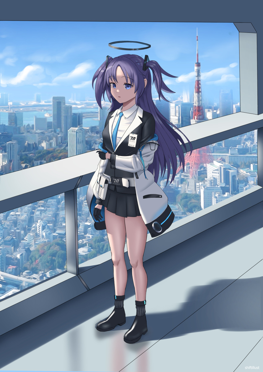 absurdres black_footwear black_gloves black_shirt black_skirt blue_archive blue_bow blue_bowtie blue_eyes blue_sky bow bowtie city cityscape cloud cloudy_sky female full_body gloves highres jacket long_hair long_sleeves looking_at_viewer open_mouth polo_shirt purple_hair scenery school_uniform shadow shift_(shiftillust) shirt skirt sky solo standing two_side_up white_jacket yuuka_(blue_archive)