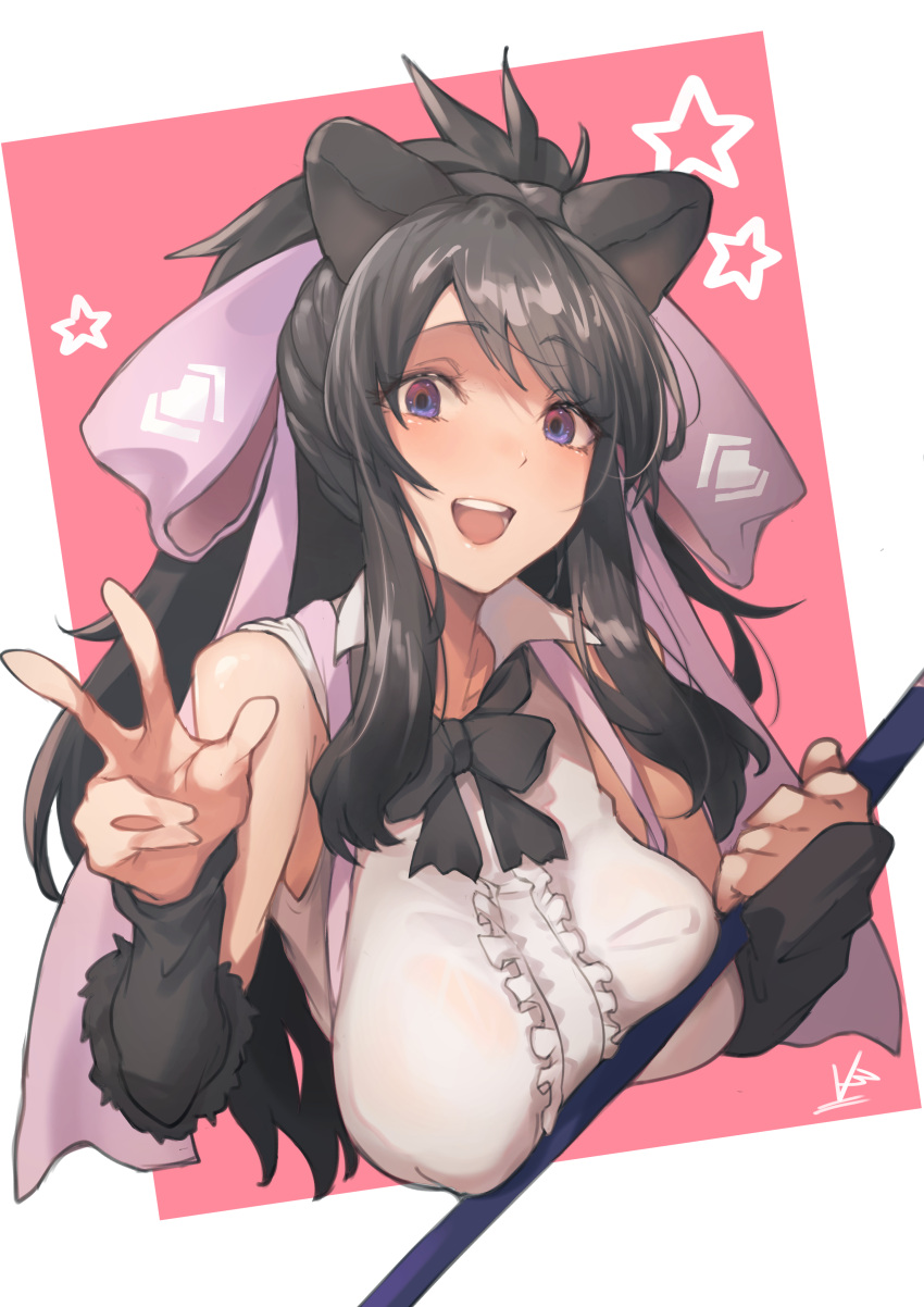 absurdres animal_ears bare_shoulders bear_ears bergman's_bear_(kemono_friends) black_bow black_bowtie black_hair bow bowtie bracer breast_pocket breast_press breasts center_frills collared_shirt covered_nipples cropped_torso empty_eyes female frills hairbow hand_up highres holding holding_weapon huge_bow iparupua kemono_friends large_breasts long_hair looking_at_viewer open_mouth pink_bow pocket purple_eyes shiny_skin shirt skindentation sleeveless sleeveless_shirt smile solo unaligned_breasts upper_body v very_long_hair weapon white_shirt